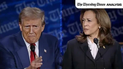 A file photo is shown of former U.S. President Donald Trump (left) and U.S. Vice President Kamala Harris at their first Presidential Debate held at Philadelphia on September 10, 2024. — MONTAGE/THE THURSDAY TIMES