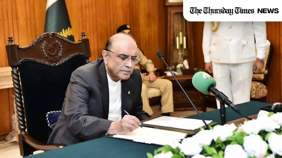 A file photo is shown of President of Pakistan Asif Ali Zardari signing an Act into legislation at Aiwan-e-Sadr earlier this year. — FILE/THE THURSDAY TIMES