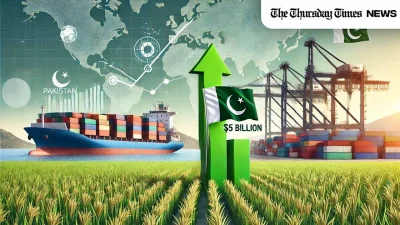 An illustration is shown of Pakistan rice export growth with rice field, $5 billion target, Pakistan flag, and shipping port symbolising national pride and global market expansion. — MONTAGE/THE THURSDAY TIMES