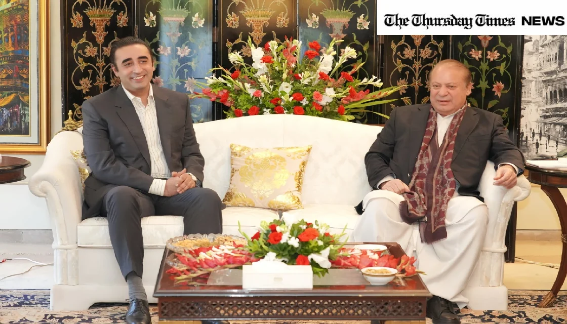 A file photo is shown of PML(N) chief Nawaz Sharif (R) and PPP chair Bilawal-Bhutto Zardari (L) at Lahore on October 10, 2024. — FILE/THE THURSDAYTIMES