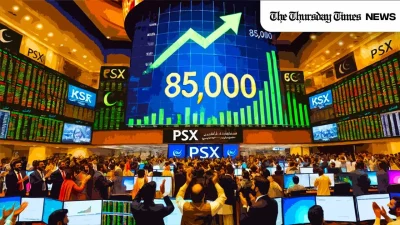 An impression is shown of the Pakistan Stock Exchange. — MONTAGE/THE THURSDAY TIMES