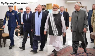 From left: In this file photo, Pakistani prime minister Shehbaz Sharif, PMLN chief Nawaz Sharif, JUI(F) chief Fazl-ur-Rehman, deputy prime minister Ishaq Dar (back) and Pakistani president Asif Ali Zardari are shown. — FILE/THE THURSDAY TIMES