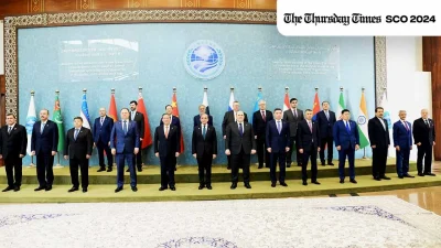 Pakistani prime minister Shehbaz Sharif is pictured along with delegation heads at the 23rd SCO Summit meeting in Islamabad on October 16, 2024. — FILE/THE THURSDAY TIMES