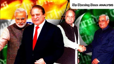 A montage is shown of former Pakistani prime minister Nawaz Sharif with incumbent Indian prime minister Narendra Modi (L) and the late Atal Vajpayee (R). — MONTAGE/THE THURSDAY TIMES