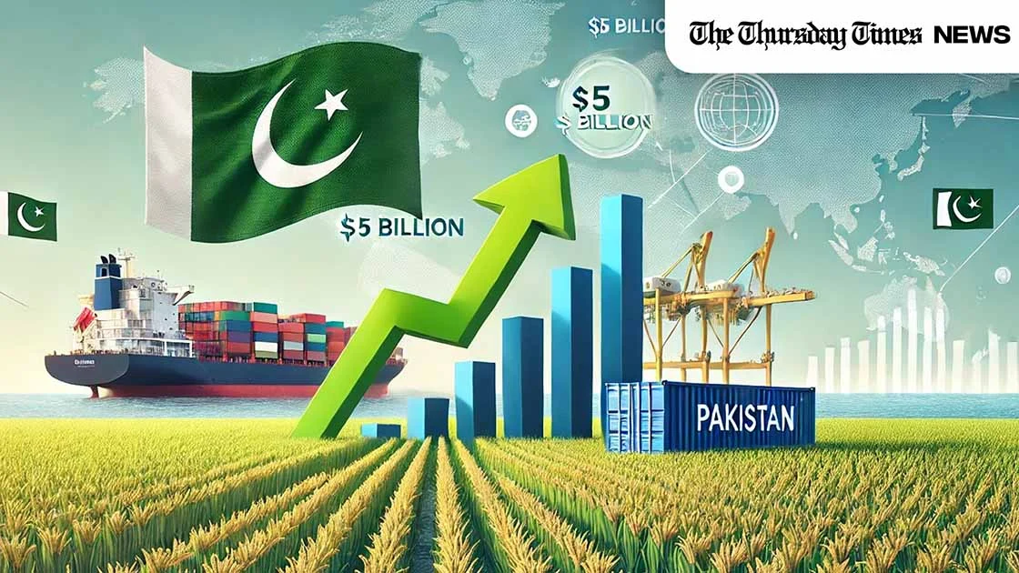 An illustration is shown of Pakistan rice export growth with rice field, $5 billion target, Pakistan flag, and shipping port symbolising national pride and global market expansion. — MONTAGE/THE THURSDAY TIMES