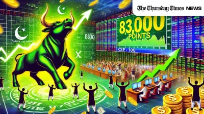 An impression is shown of a bull run at the Pakistani Stock Exchange. — MONTAGE/THE THURSDAY TIMES