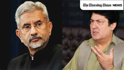 A file photo is shown of incumbent Indian minister of external affairs Jaishankar (left) and spokesperson of KPK government Barrister Saif (R) — MONTAGE/THE THURSDAY TIMES