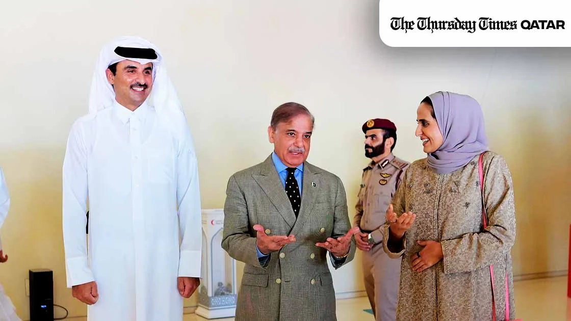 Qatari Emir Sheikh Tamim (L), Pakistani prime minister Shehbaz Sharif (C) and Sheikha Al Mayassa are shown. — HANDOUT