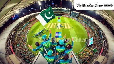 An illustration is shown of the Pakistan cricket team celebrating its historic ODI victory over Australia at Perth Stadium. — MONTAGE/THE THURSDAY TIMES