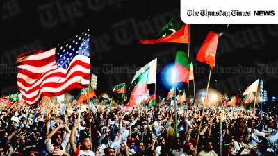 A montage is shown of an American flag at a PTI jalsa. — MONTAGE/THE THURSDAY TIMES | ABDUL MAJEED/AFP via Getty Images