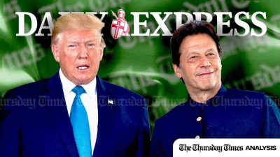U.S. president-elect Donald Trump (then the 45th president of the United States) is shown with incarcerated former Pakistani prime minister Imran Khan in 2019. — MONTAGE/THE THURSDAY TIMES