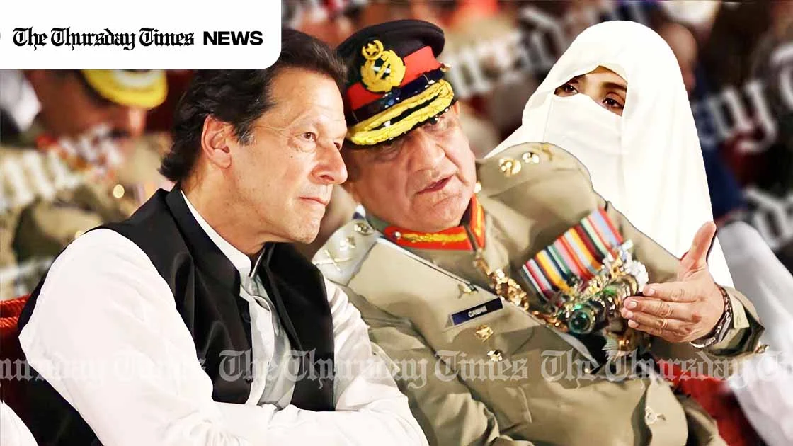 A montage is shown of incarcerated former Pakistani prime minister Imran Khan (L), General (R) Qamar Javed Bajwa, the former COAS of Pakistan (C), and the former Pakistani first lady (R). — MONTAGE/THE THURSDAY TIMES