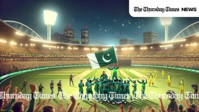An illustration is shown of the Pakistan cricket team celebrating its historic ODI victory over Australia at Perth Stadium. — MONTAGE/THE THURSDAY TIMES