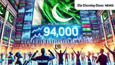 Pakistan Stock Exchange hits 94,000 points, reflecting KSE growth and economic optimism in Pakistan’s financial market. — MONTAGE/THE THURSDAY TIMES