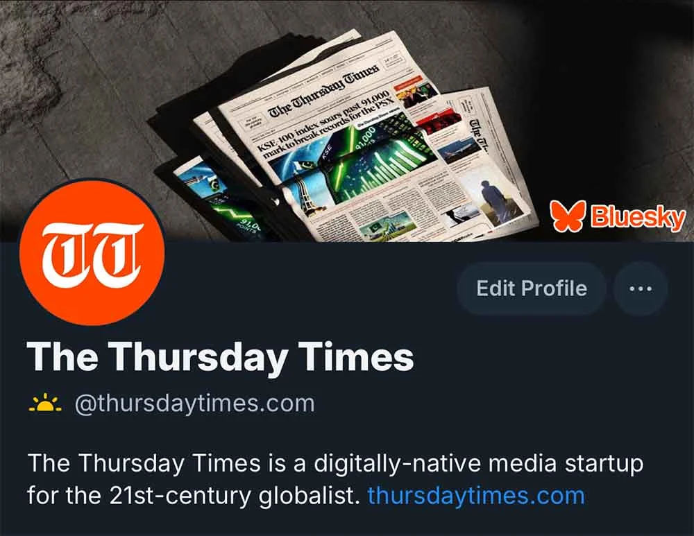 A screenshot is shown of The Thursday Times' profile on Bluesky. | THE THURSDAY TIMES