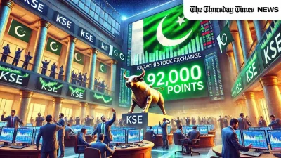 Pakistan Stock Exchange hits 92,000 points, reflecting KSE growth and economic optimism in Pakistan’s financial market. — MONTAGE/THE THURSDAY TIMES