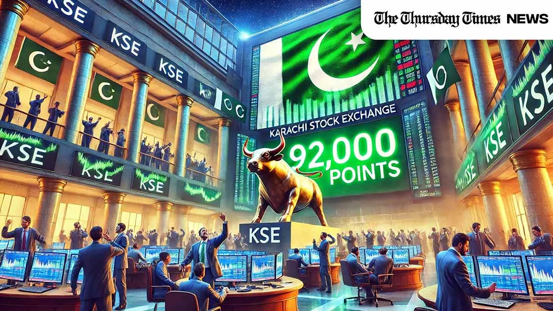 Pakistan Stock Exchange hits 92,000 points, reflecting KSE growth and economic optimism in Pakistan’s financial market. — MONTAGE/THE THURSDAY TIMES