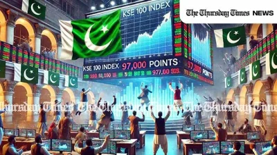Pakistan Stock Exchange hits 97,000 points, reflecting KSE growth and economic optimism in Pakistan’s financial market. — MONTAGE/THE THURSDAY TIMES
