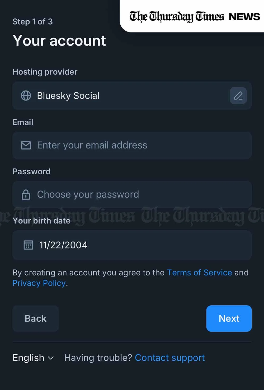 A screenshot is shown of the Bluesky Social app's account creation interface. | THE THURSDAY TIMES