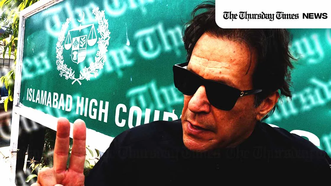 A combo file photo is shown of the incarcerated former Pakistani prime minister, Imran Khan, against a backdrop of the signpost for the Islamabad High Court. — MONTAGE/THE THURSDAY TIMES