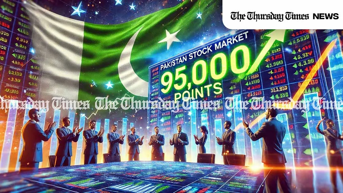 Pakistan Stock Exchange hits 95,000 points, reflecting KSE growth and economic optimism in Pakistan’s financial market. — MONTAGE/THE THURSDAY TIMES