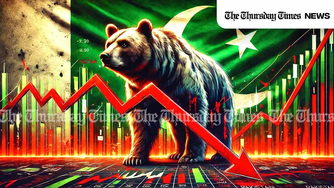 An illustration is shown of the KSE-100 experiencing a bear market. — ORIGINAL/THE THURSDAY TIMES