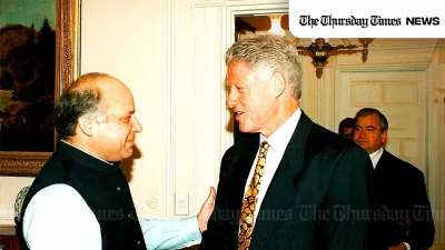 A file photo is shown of former Pakistani prime minister Nawaz Sharif (L) with former U.S. president Bill Clinton (R) in 1999. — BALTI/AFP via Getty Images