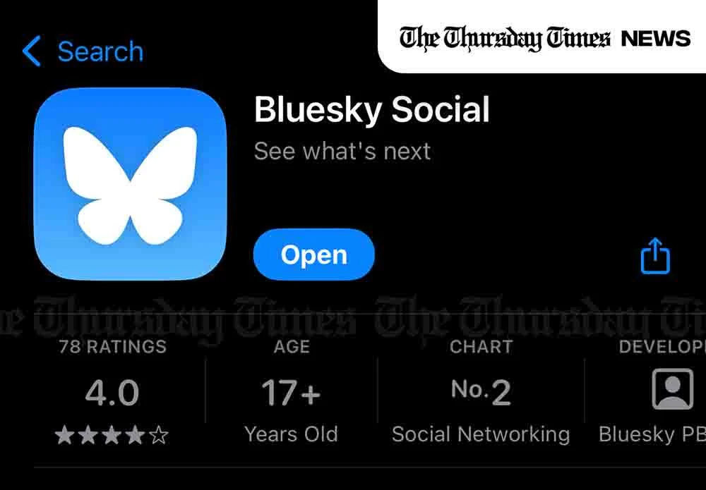 A screenshot is shown of the Bluesky Social app in the iOS App Store. | THE THURSDAY TIMES