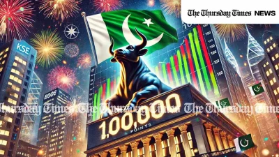 Pakistan Stock Exchange hits 100,000 points, reflecting KSE growth and economic optimism in Pakistan’s financial market. — MONTAGE/THE THURSDAY TIMES
