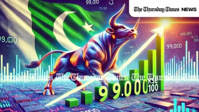 Pakistan Stock Exchange hits 99,000 points, reflecting KSE growth and economic optimism in Pakistan’s financial market. — MONTAGE/THE THURSDAY TIMES