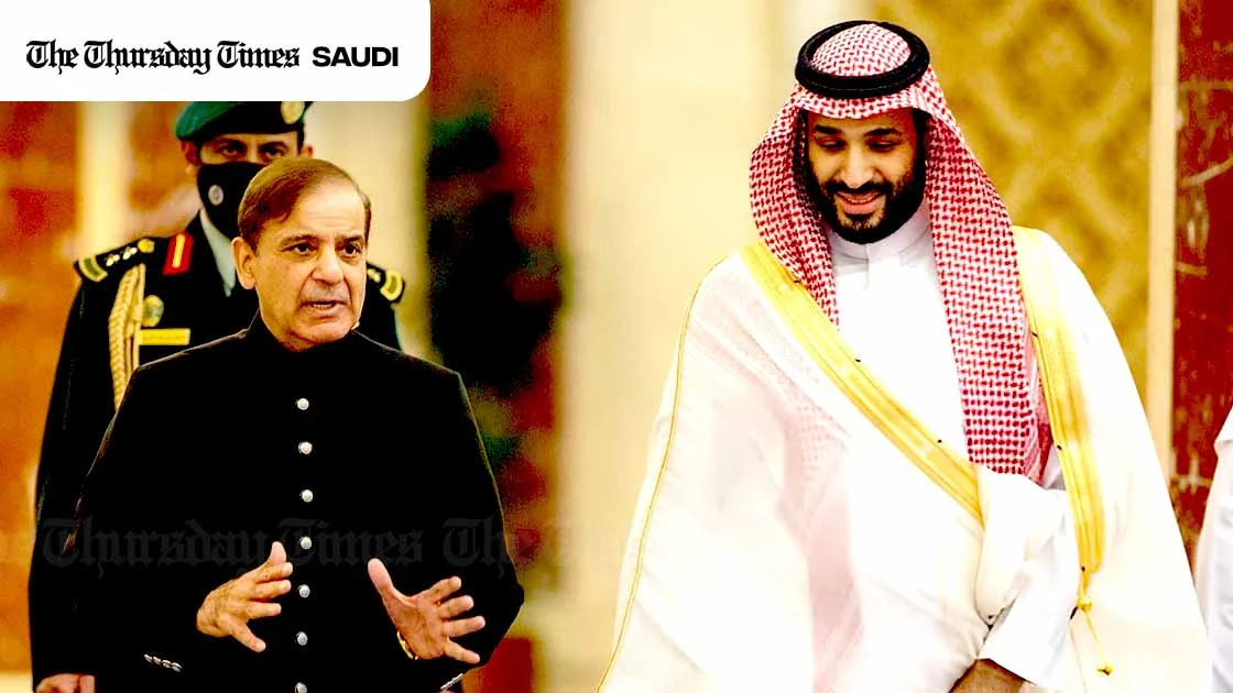 A file photo is shown of incumbent Pakistani prime minister Shehbaz Sharif (L) with Saudi crown prince Muhammad bin Salman (R) at As-Salam Palace in Jeddah on April 30, 2022. — FILE/THE THURSDAY TIMES