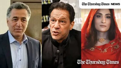 A combined file photo is shown of former ISI chief Faiz Hameed (L), PTI chief Imran Khan (C), and former Pakistani first lady Bushra Maneka (alias Bushra Bibi, R). — FILE/THE THURSDAY TIMES
