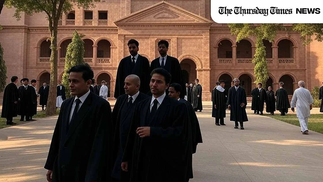 A montage is shown of lawyers outside Lahore High Court. — ORIGINAL/THE THURSDAY TIMES