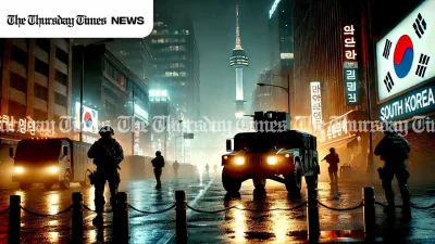 An illustration is shown of South Korea's capital Seoul night under martial law with soldiers, armoured vehicles, neon signs, and Namsan Tower skyline. ORIGINAL/THE THURSDAY TIMES