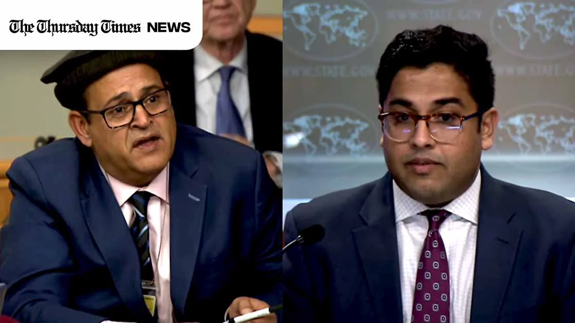 A combined file photo is shown of Frontier Post editor Jalil Afridi (L) and deputy U.S. State Department spox Vedant Patel. — FILE/THE THURSDAY TIMES