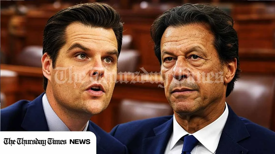 A montage of Trump's former AG pick Matt Gaetz and incarcerated former Pakistani prime minister Imran Khan are shown in this artists' impression. — ORIGINAL/THE THURSDAY TIMES