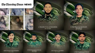 A combined file photo is shown of Pakistan armymen martyred in the course of their duties, as well as a photo of the killed Khwarij. — FILE/THE THURSDAY TIMES