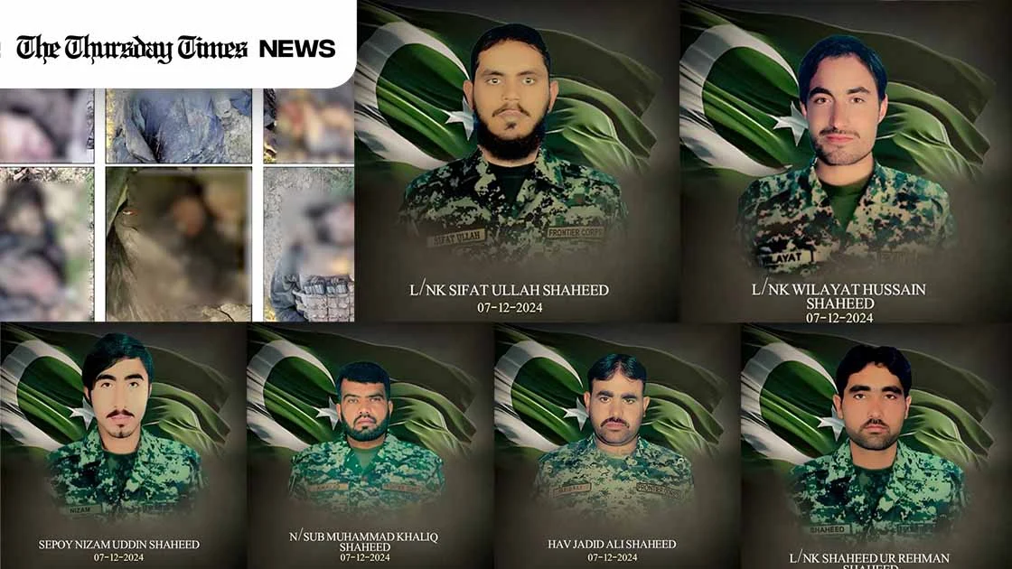 A combined file photo is shown of Pakistan armymen martyred in the course of their duties, as well as a photo of the killed Khwarij. — FILE/THE THURSDAY TIMES