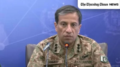 A file photo is shown of incumbent Director-General for the ISPR, Major General Ahmed Sharif Chaudhry, addressing a press conference. — FILE/THE THURSDAY TIMES