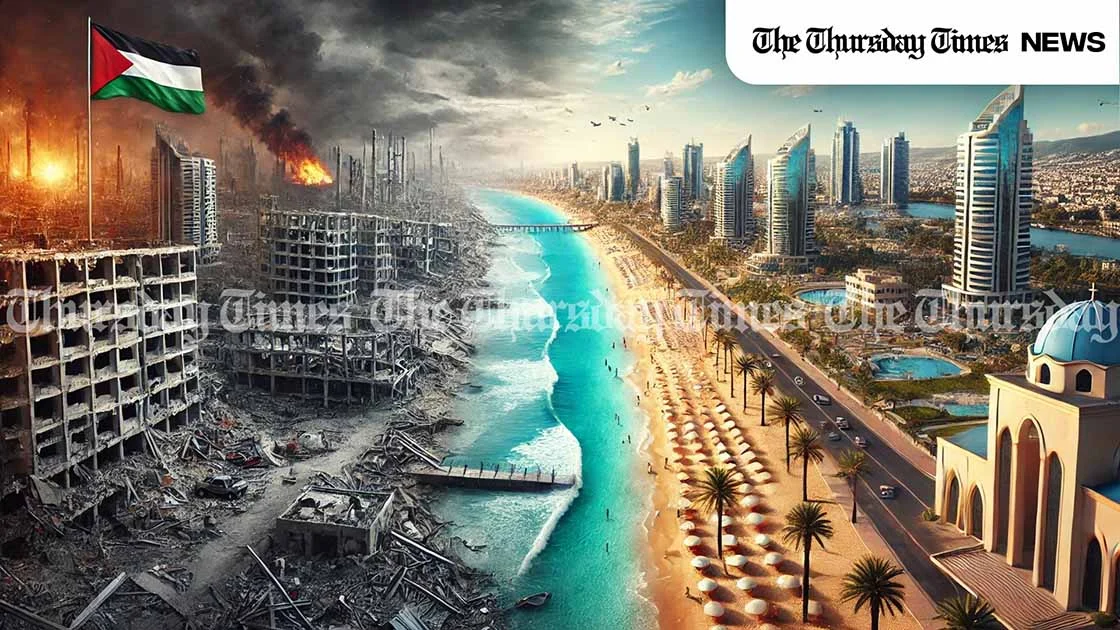 An illustration is shown of a split-view of Gaza, showing its war-torn devastation alongside a futuristic Riviera-style transformation plan. — ORIGINAL/THE THURSDAY TIMES
