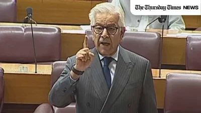 A file photo is shown of Defence Minister Khawaja Asif addressing Parliament on March13, 2025. — FILE/THE THURSDAY TIMES