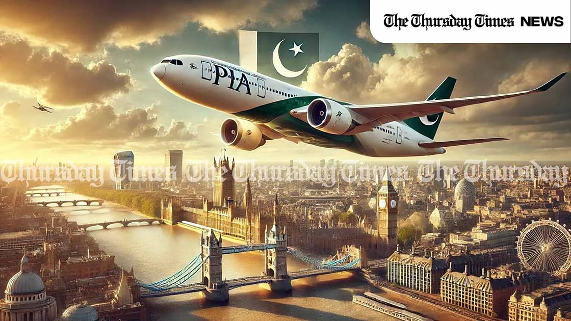An impression is shown of PIA aircraft ascending over London, highlighting the resumption of direct flights to the UK. — ORIGINAL/THE THURSDAY TIMES