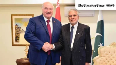 A file photo is shown of incumbent Pakistan's Deputy Prime Minister Ishaq Dar with Belarusian President Alexander Lukashenko. — FILE/THE THURSDAY TIMES