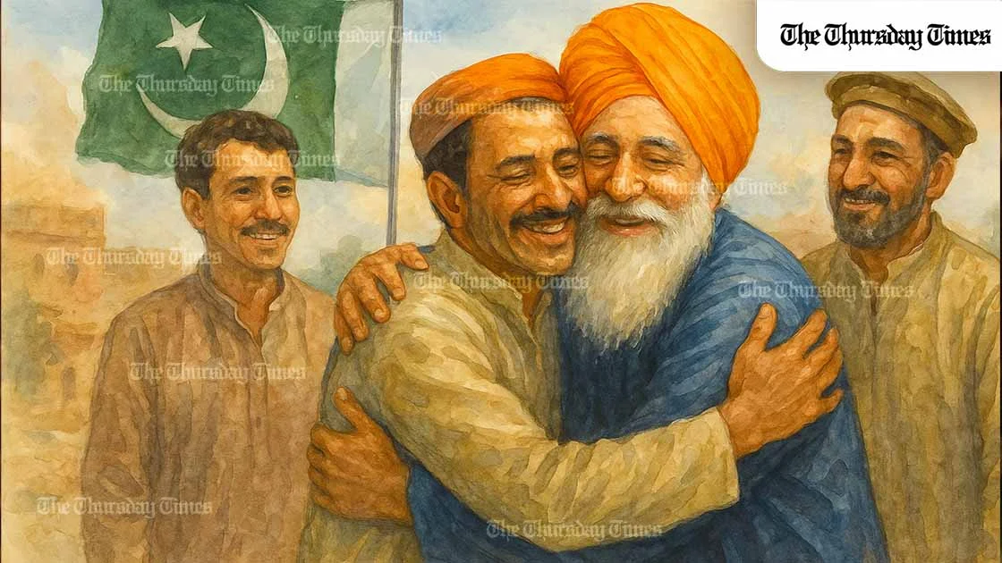 A Sikh pilgrim embraces a Pakistani villager near Kartarpur, as the flag of Pakistan waves behind them. — MICHAEL MCCALL FOR THE THURSDAY TIMES