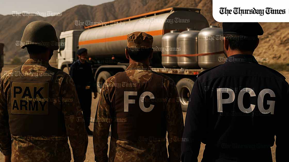 Pakistan Army, Frontier Corps, and Pakistan Coast Guard personnel inspect Iranian fuel tankers along the western border — a snapshot of ongoing joint operations against smuggling. — THE THURSDAY TIMES