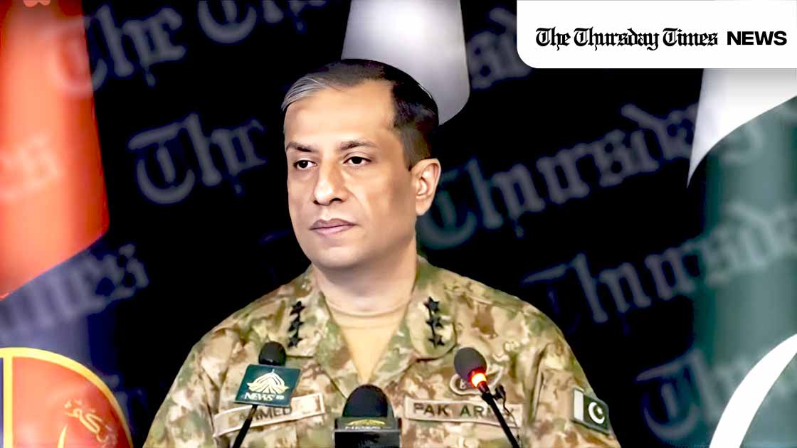 A file photo is shown of DG-ISPR Lt Gen Ahmed Sharif Chaudhry addressing a press conference at Rawalpindi on December 27, 2024. — FILE/THE THURSDAY TIMES