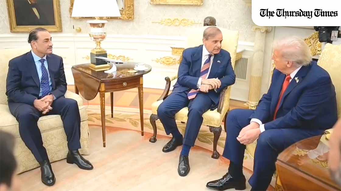 Shehbaz Sharif and Asim Munir meet President Trump at the White House for talks on Pakistan–US ties, security, peace and investment as Trump praises leaders and receives Pakistan visit invite. — FILE/THE THURSDAY TIMES