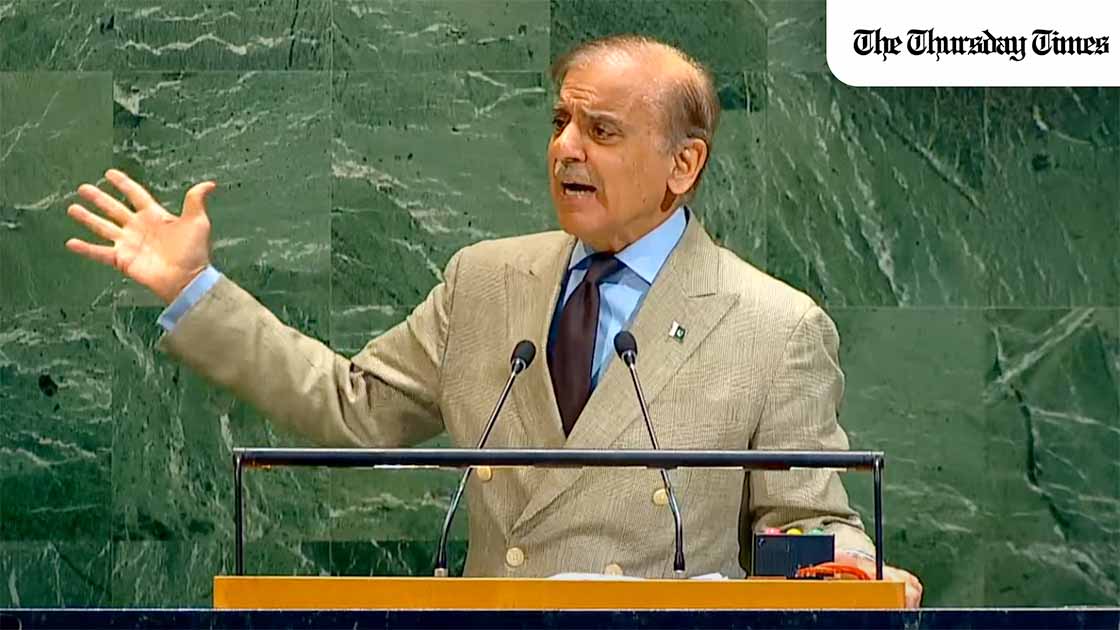 Shehbaz Sharif uses UN speech to claim Pakistan’s military victory over India while pushing peace talks and backing Palestinian statehood.. — FILE/THE THURSDAY TIMES