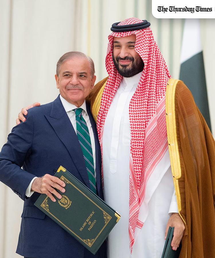 Saudi Crown Prince Mohammed bin Salman and Pakistan’s Prime Minister Shehbaz Sharif share an embrace after signing a landmark defence agreement. FILE/Saudi Press Agency/Handout via REUTERS