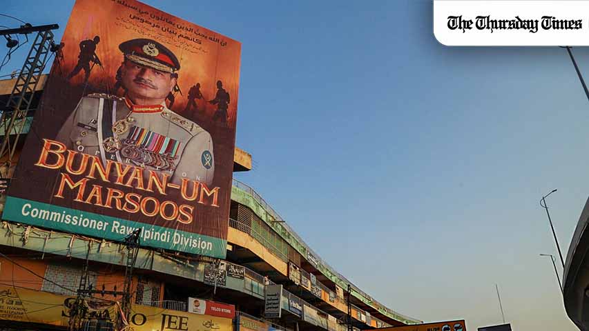 The district administration has displayed a billboard in support of the Pakistan Armed Forces after a ceasefire that ended the clashes with India, at Muree Road in Rawalpindi, Pakistan, on May 14, 2025. Pakistan calls the operation against India "Bunyan-um-Marsoos". (Photo by Zubair Abbasi / Middle East Images via AFP)